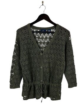 VTG OBR Green Crochet Cardigan Women's Size Small Tie Waist Boho